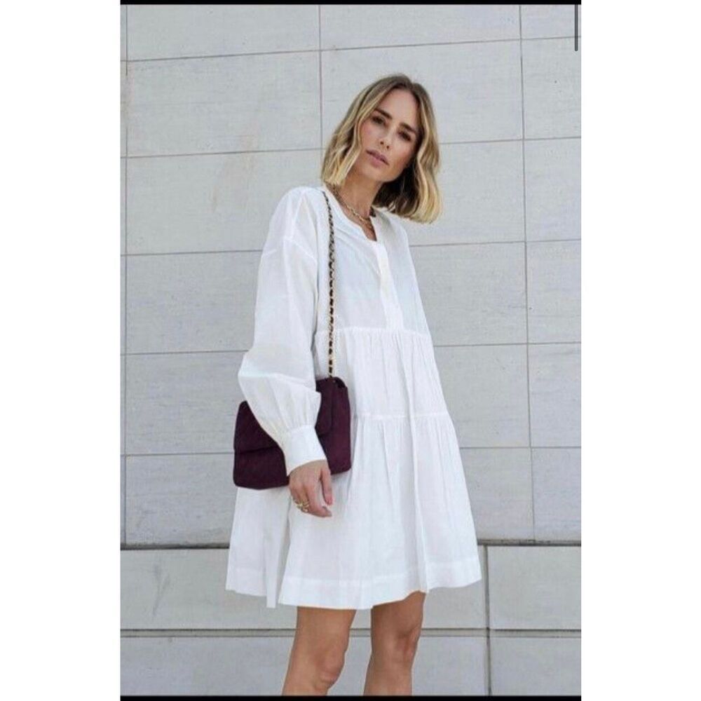 ANINE BING Addison Tiered Cotton V-Neck Long Sleeve Oversized Babydoll Mini Dres
